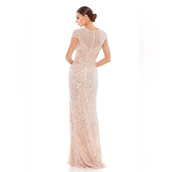 Mac Duggal 4715 Military Style Beaded sequin Fringe Sheath Gown Platinum - Picture 2 of 15